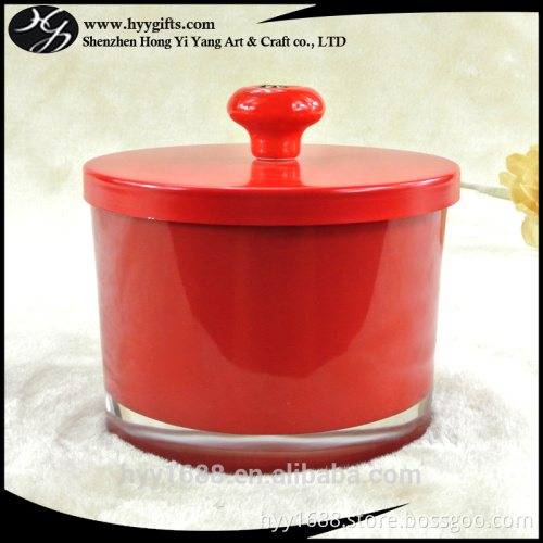 large red glass candle jar with lid with ceramic knob for 3 wicks candle